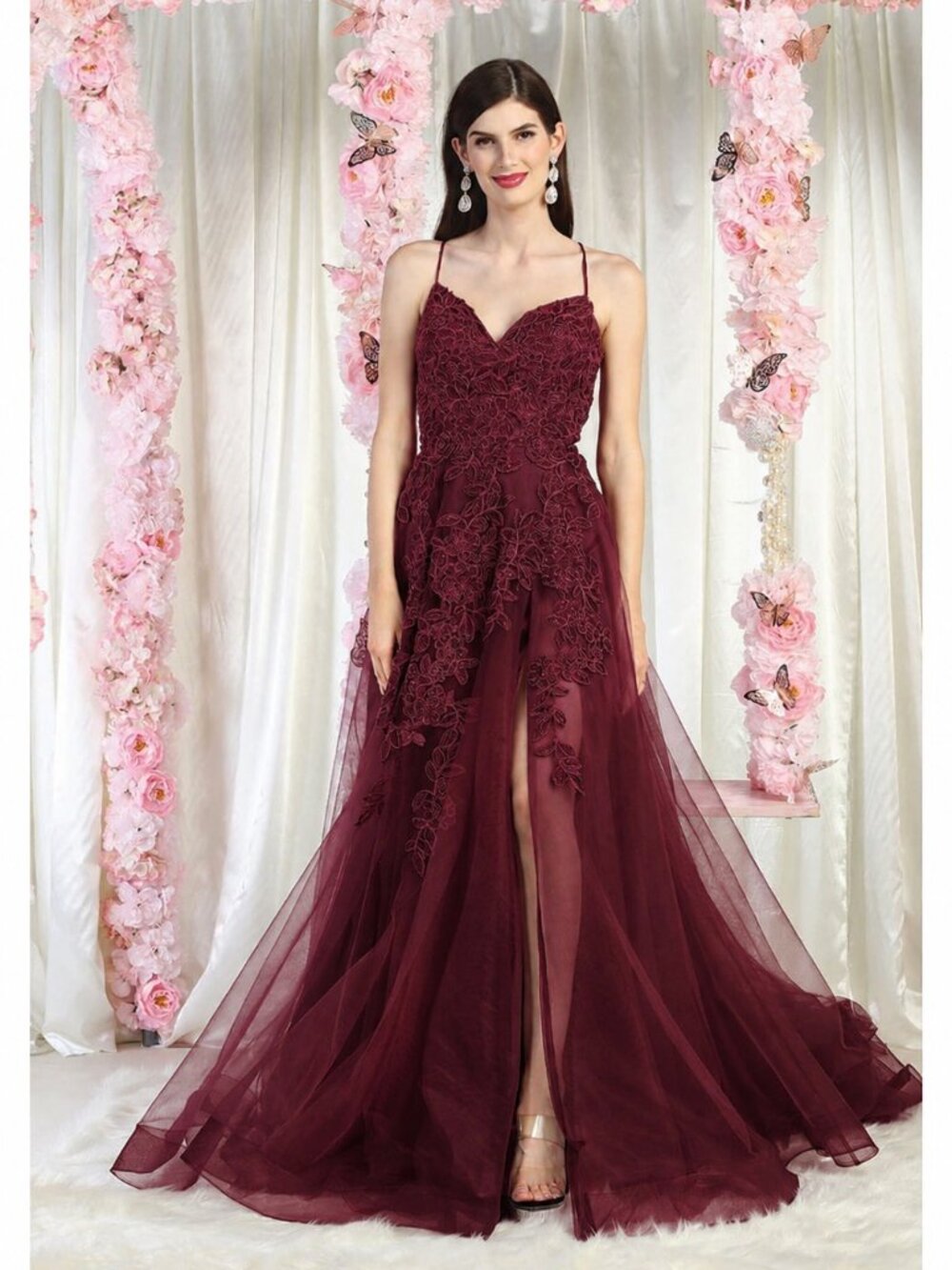 Burgundy Pageant Long V-Neck Sleeveless A-Line Dress By May Queen MQ2013